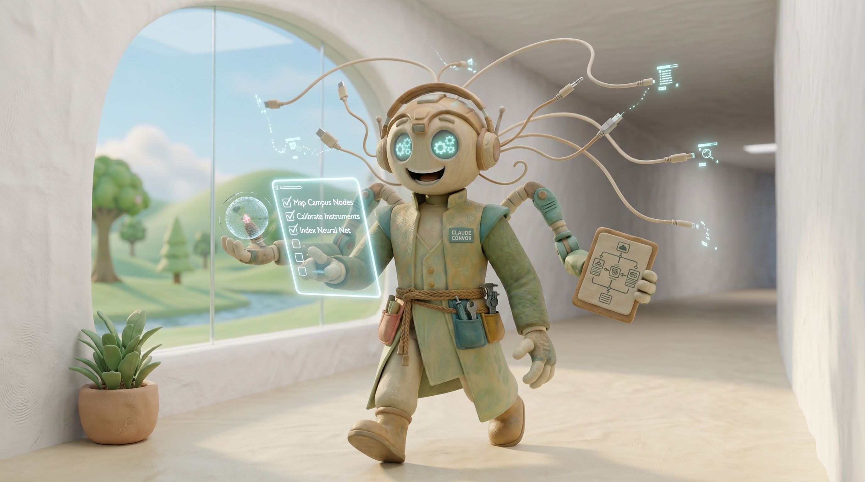 סוכן AI מפלסטלינה צועד במסדרון הקמפוס עם צ׳קליסט הולוגרפי וכלים דיגיטליים