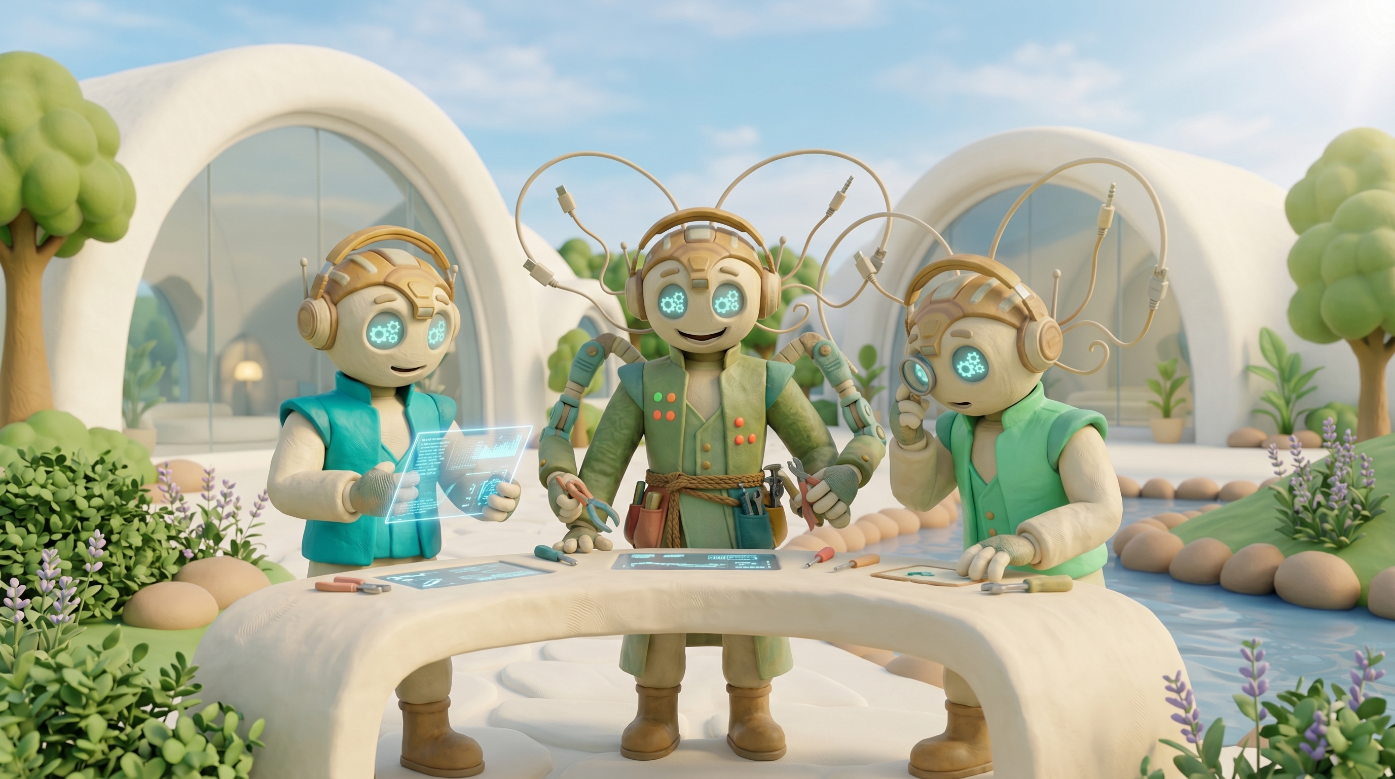 שלושה סוכני AI מפלסטלינה סביב שולחן עבודה בחצר הקמפוס
