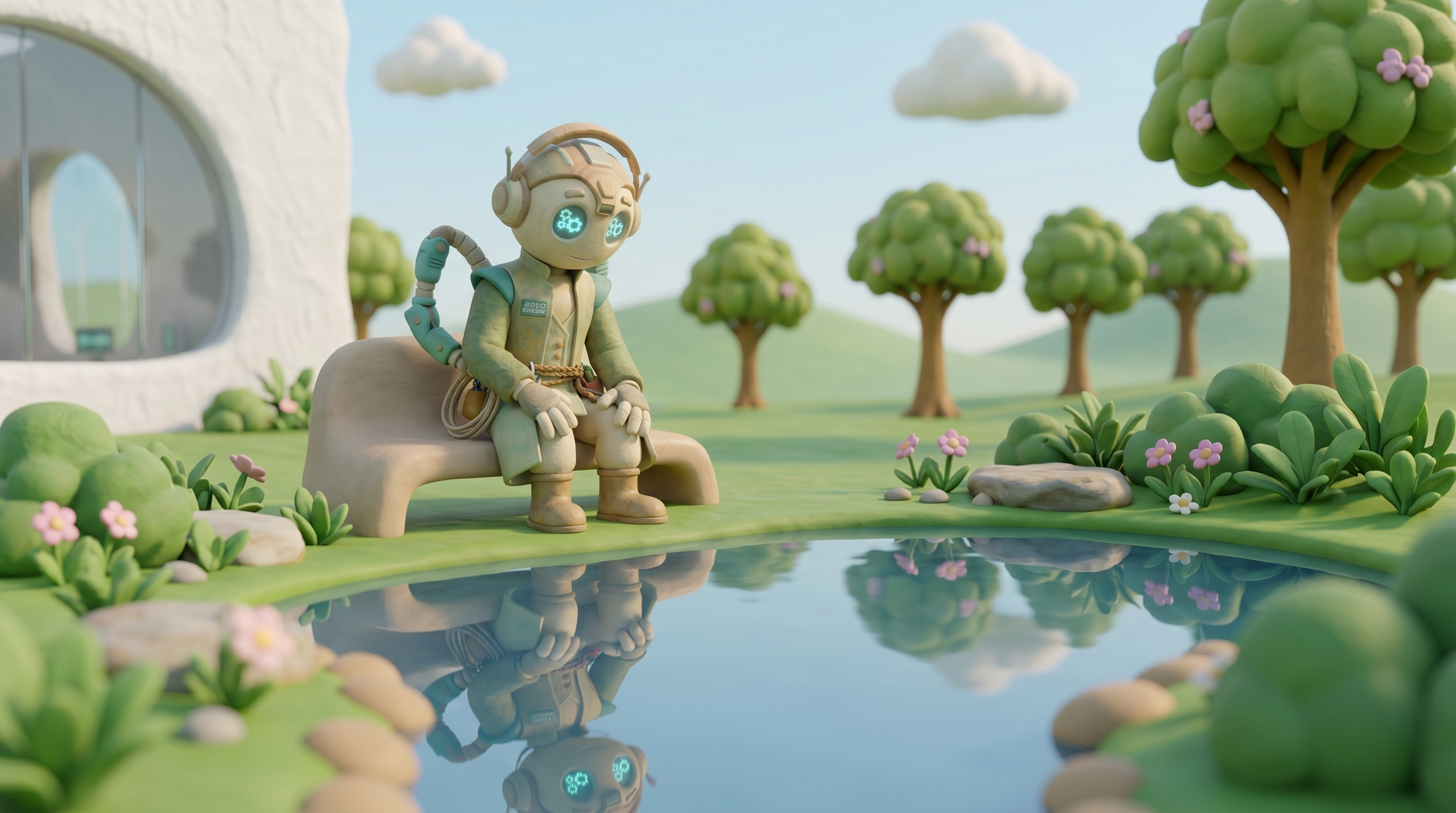 סוכן AI מפלסטלינה יושב בשקט ליד בריכה בחצר הקמפוס, מתבונן בהשתקפות שלו במים