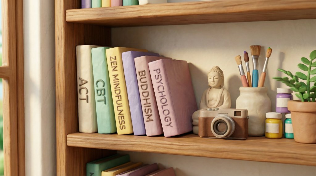 מדף עץ מינימליסטי בסגנון פלסטלינה עם ספרים בנושאי ACT, CBT, Zen Mindfulness, Buddhism ו-Psychology