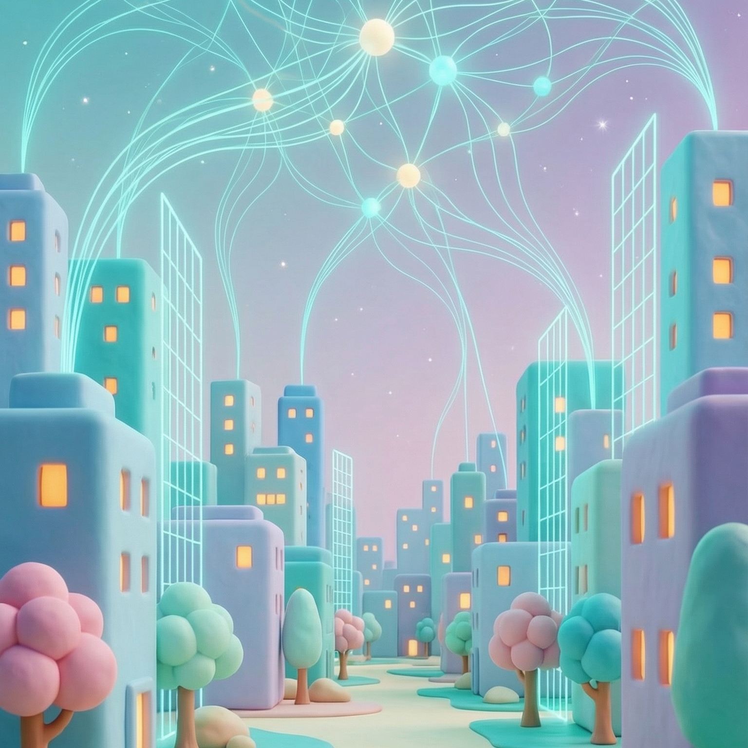 עיר פלסטלינה עם רשת קשרים קולקטיבית בשמיים