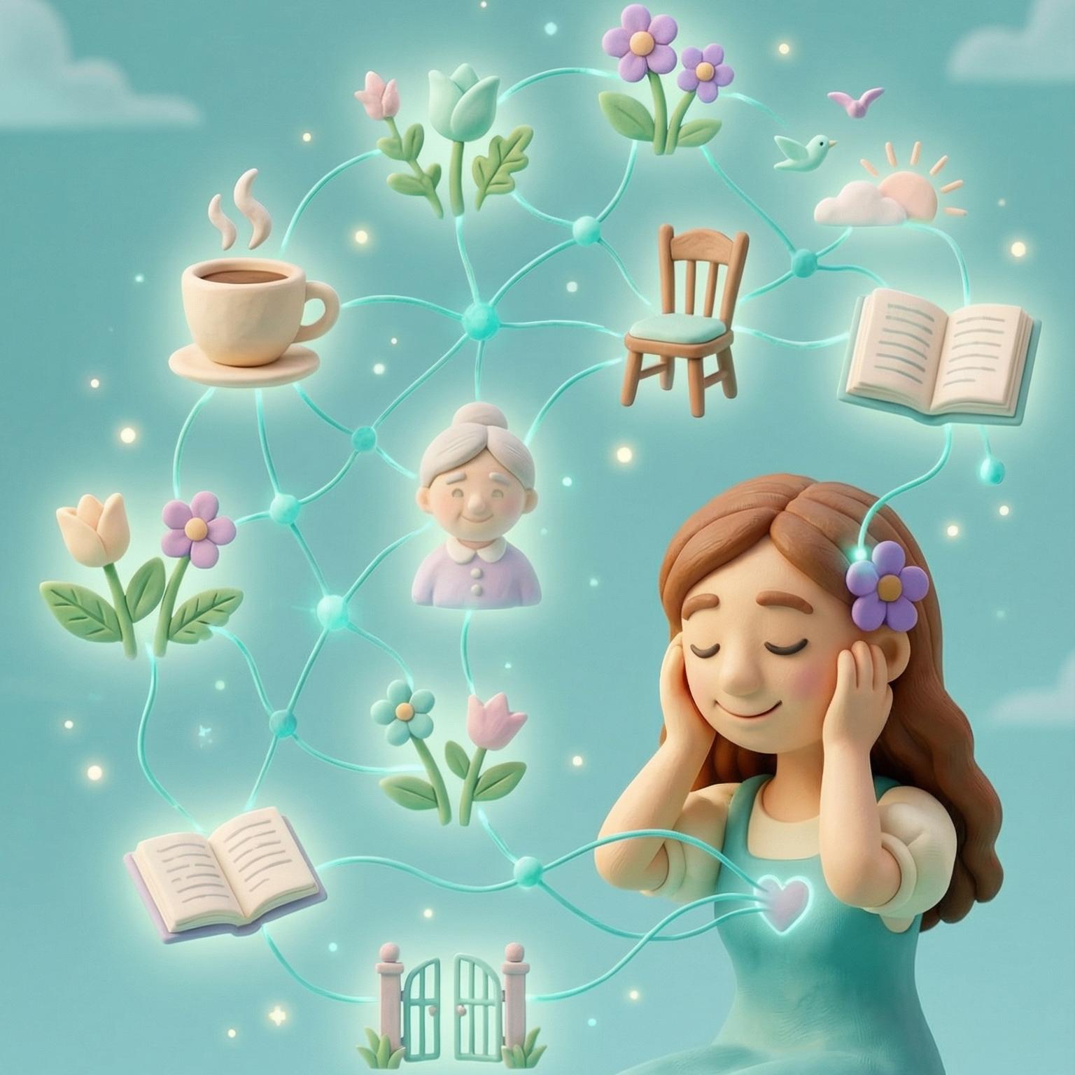 דמות פלסטלינה עם רשת קשרים פנימית — זיכרונות, תחושות ודימויים