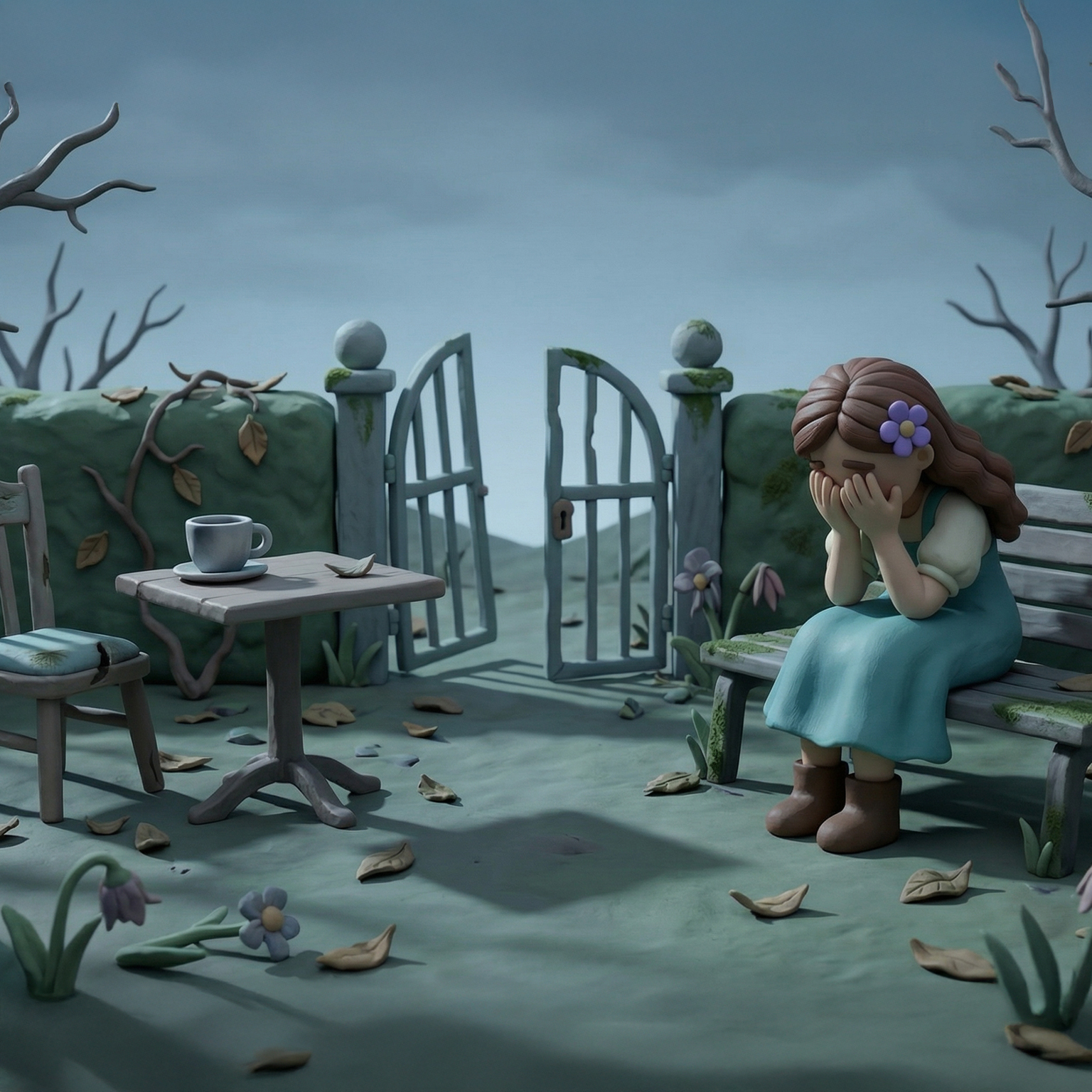 דמות פלסטלינה יושבת על ספסל באווירה עצובה — התבוננות פנימית