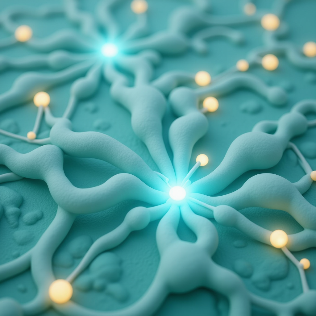 מפת קשרים פנימית בסגנון פלסטלינה — רשת נוירונים זוהרת