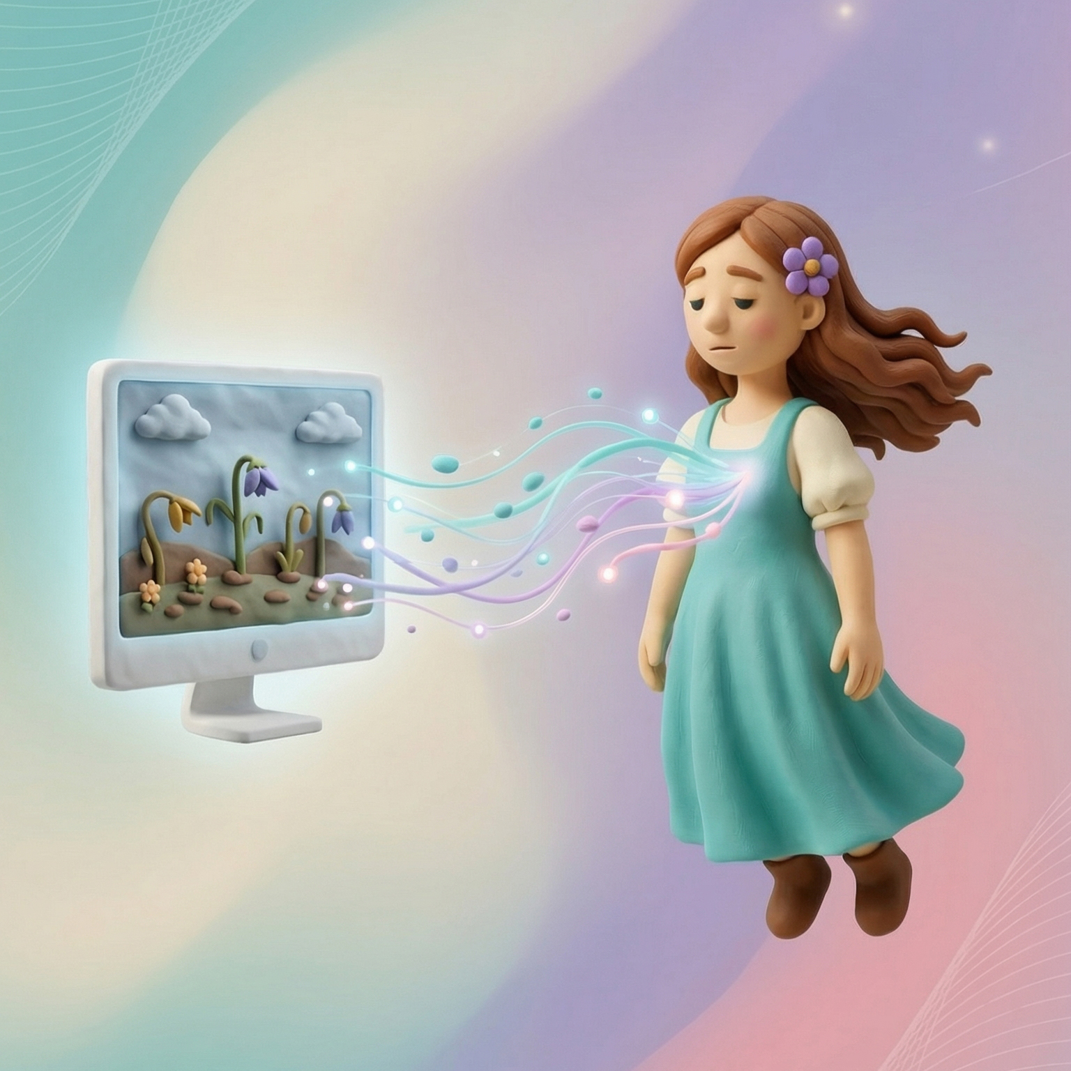 דמות פלסטלינה מרחפת עם רגש זורם אל המסך — אני לא המחשבות שלי