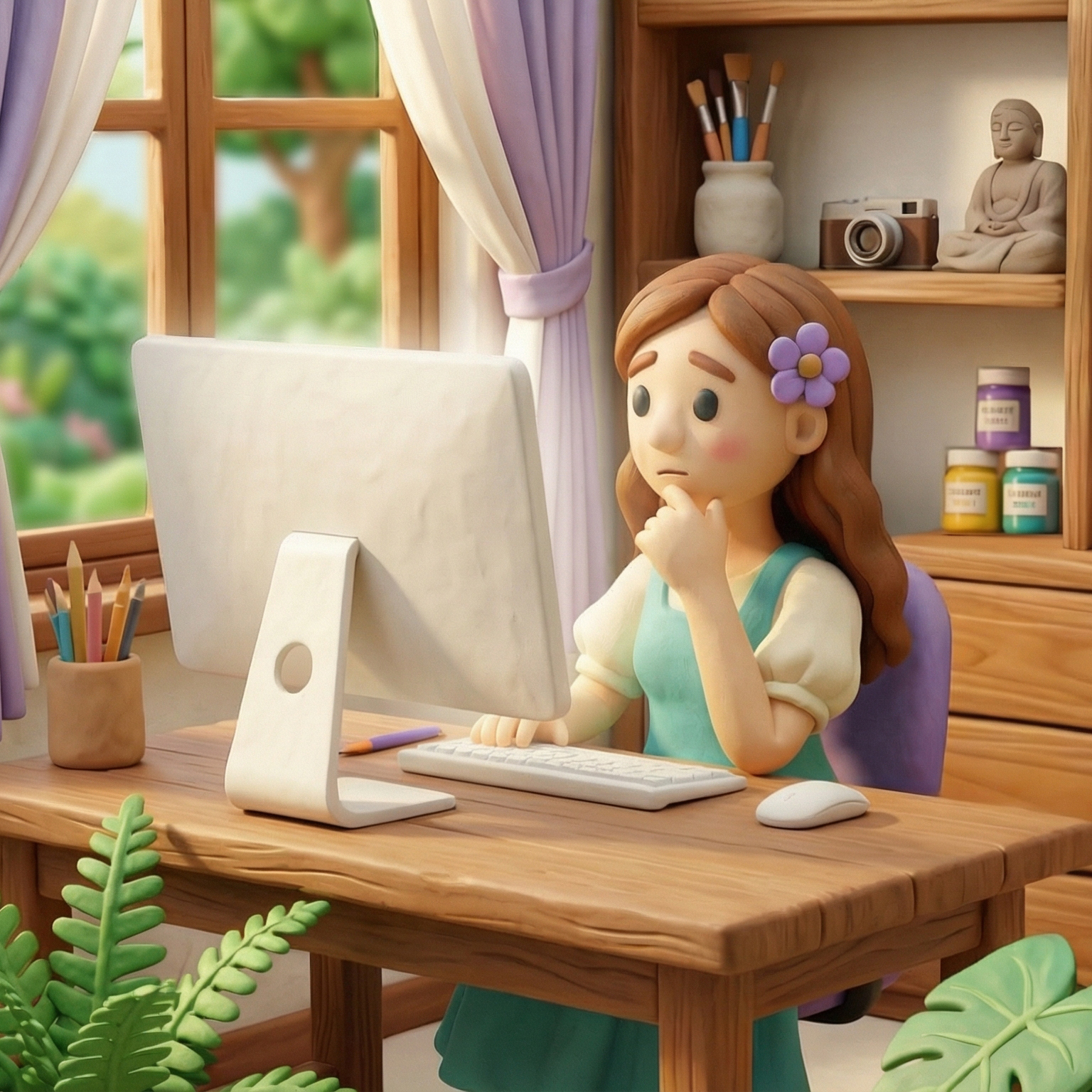 דמות פלסטלינה מתבוננת במחשב בסטודיו — תהליך שיקוף ודיוק