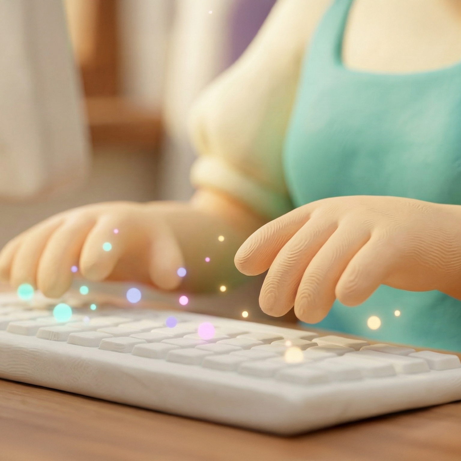 ידיים של דמות פלסטלינה על מקלדת עם ניצוצות אור — התמרה