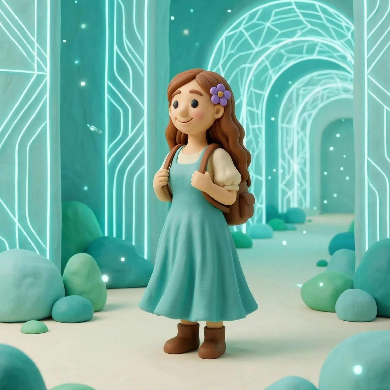 מרחב דיגיטלי מופשט בסגנון פלסטלינה עם קשתות זוהרות