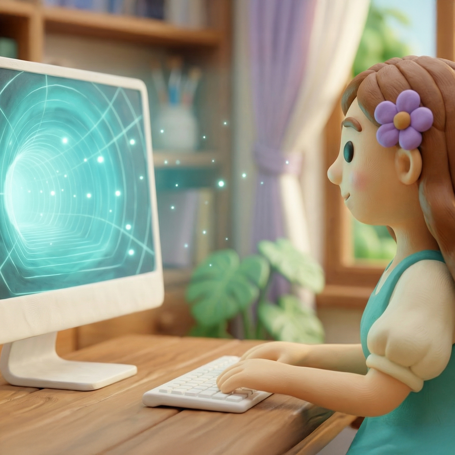 דמות פלסטלינה יושבת מול מחשב עם מרחב לטנטי על המסך
